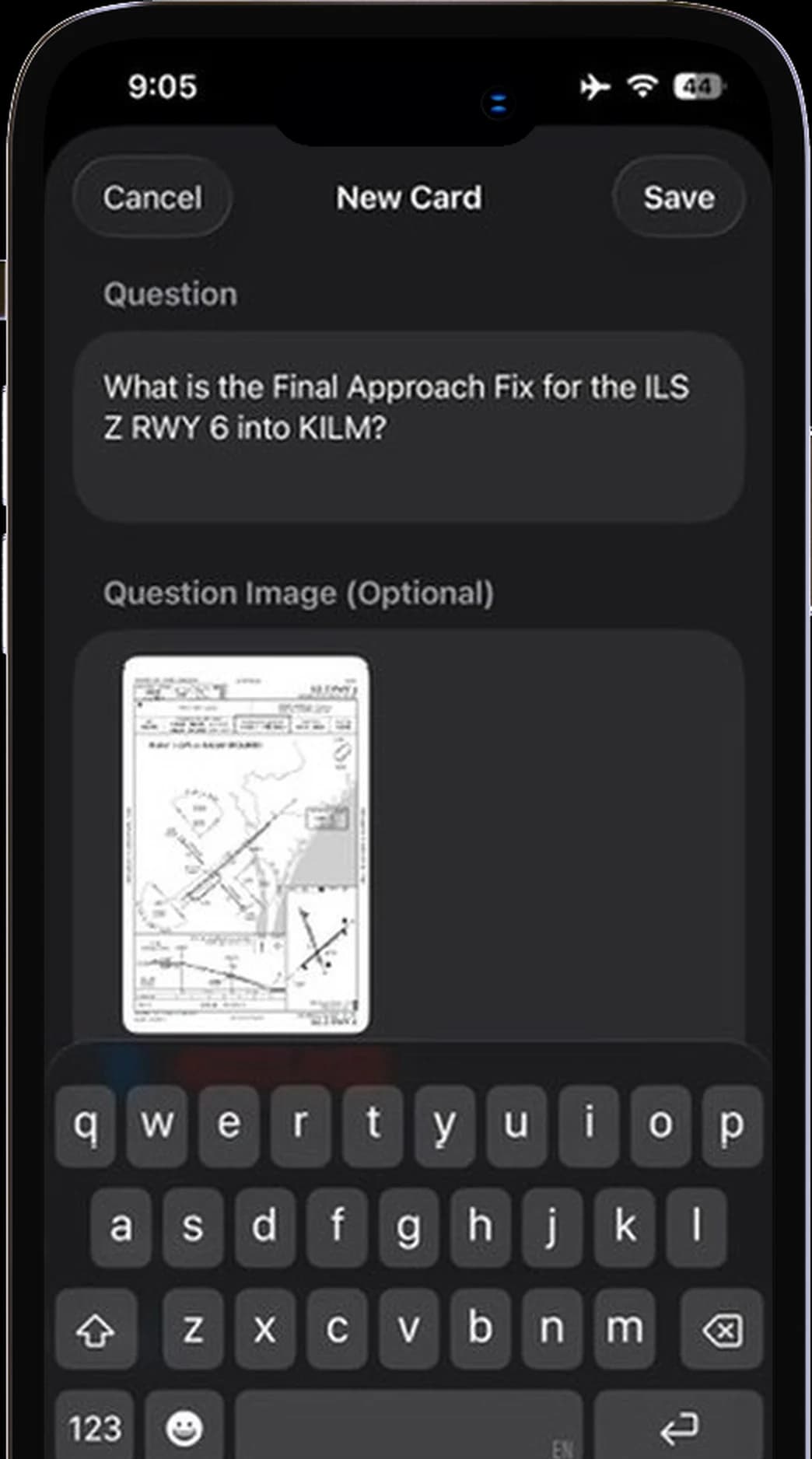New Card screen with an ILS approach question and approach plate image