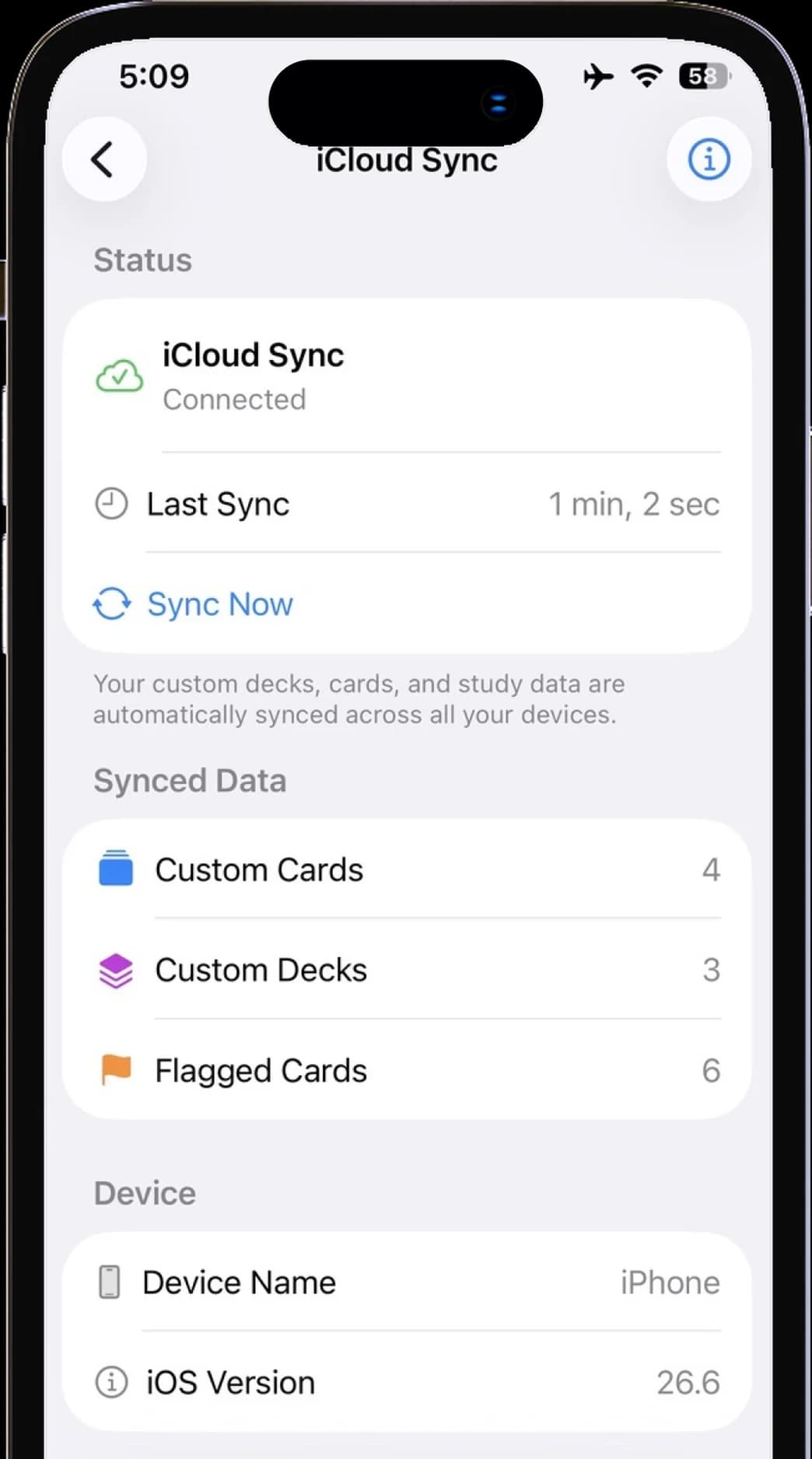 iCloud Sync screen showing synced custom cards, decks and flagged cards