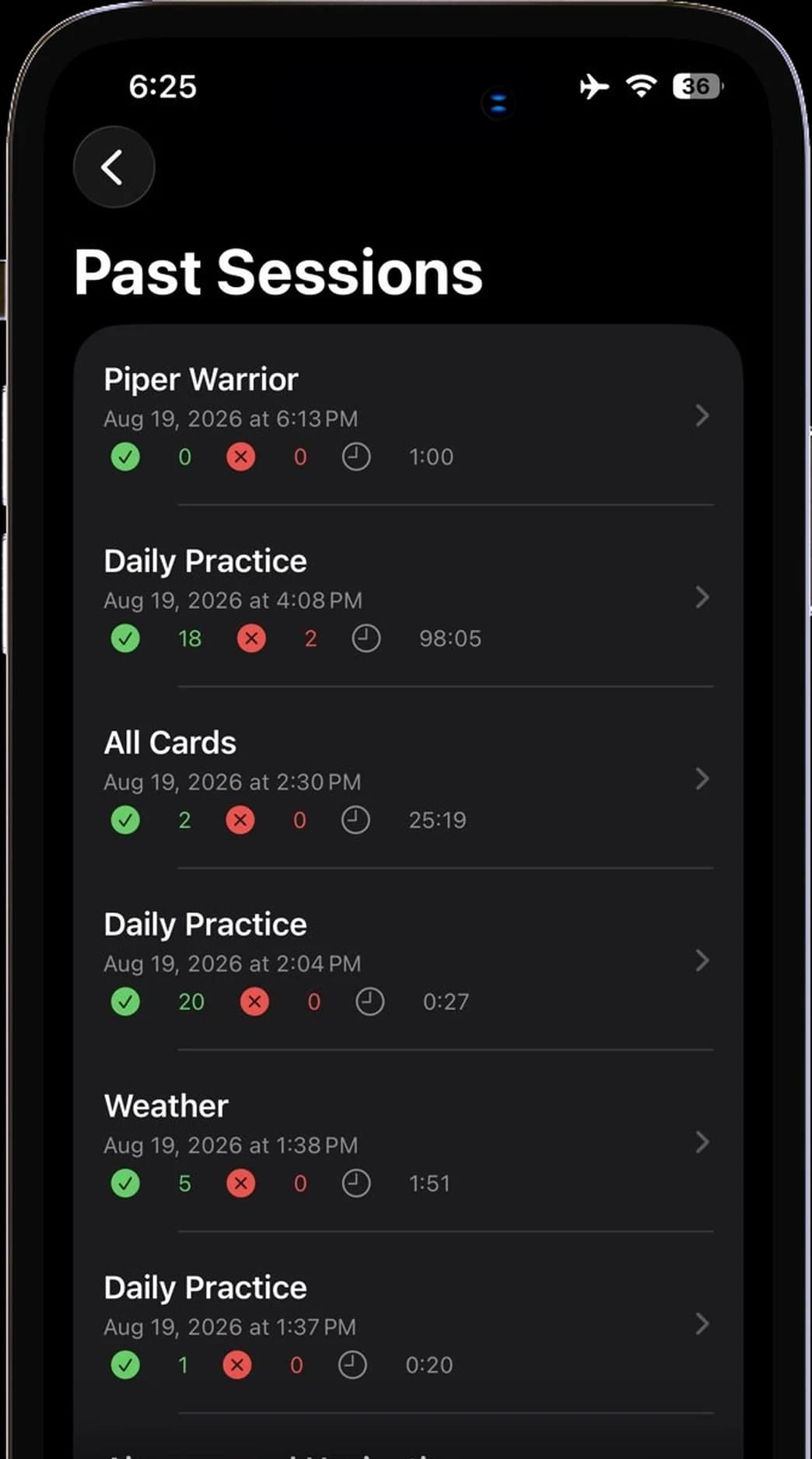 Past Sessions list with right, wrong and time for each session