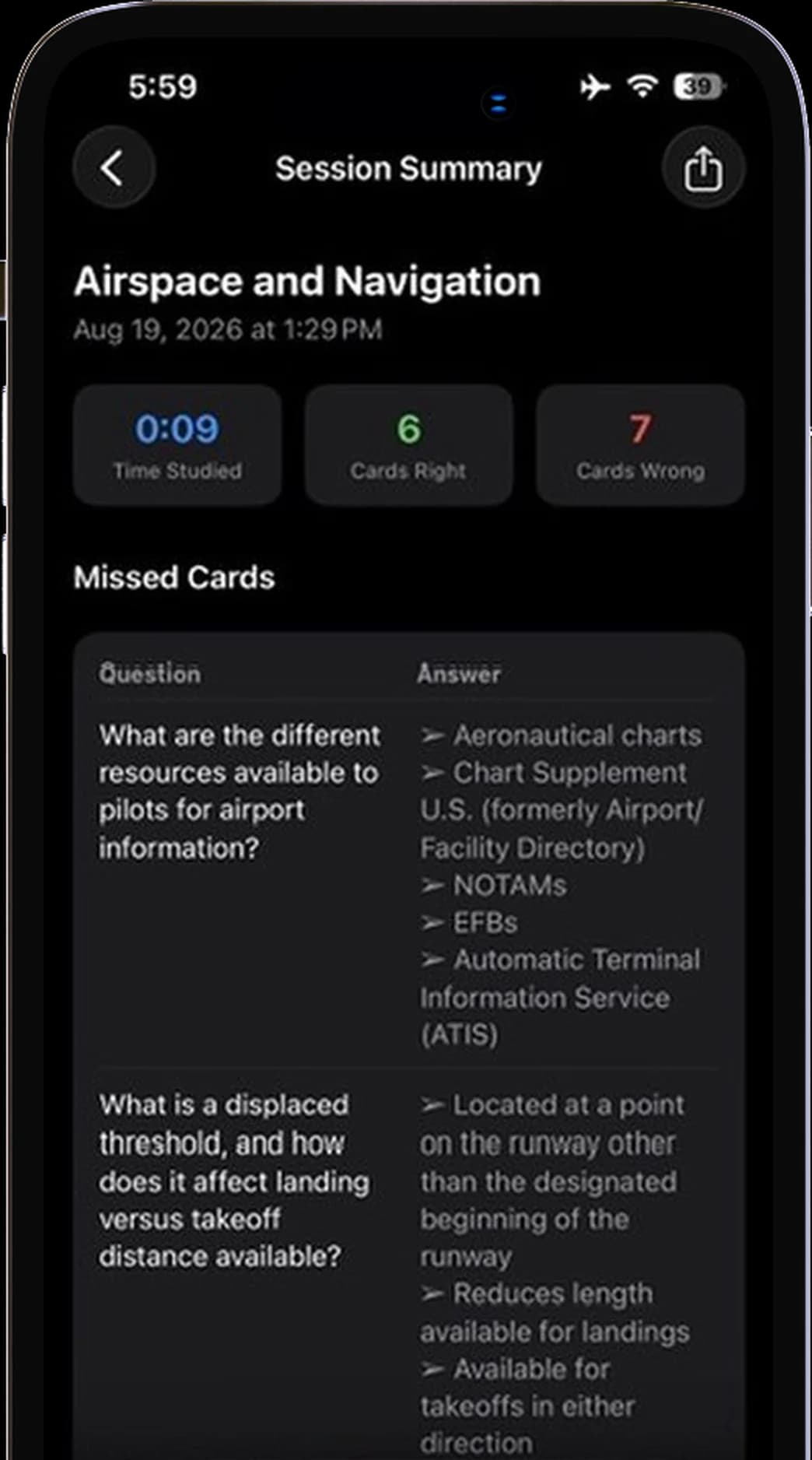 Session Summary showing time studied, cards right, cards wrong and missed cards