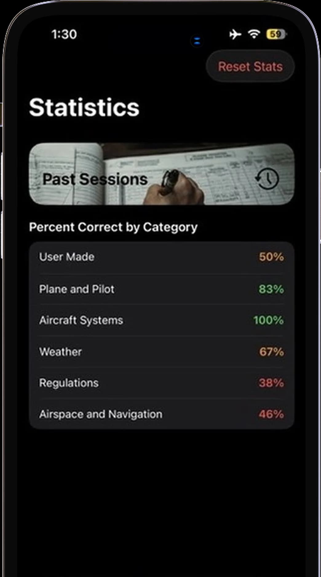 Statistics screen with percent correct by category